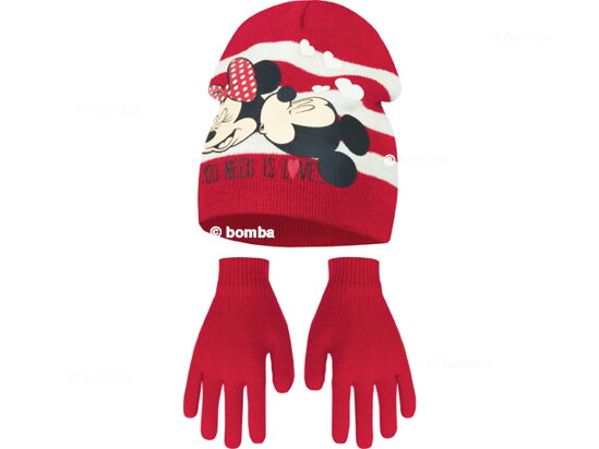 Červená čiapka a rukavice Minnie a Mickey - veľkosť 52