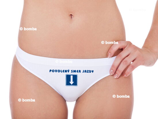 Nohavičky s nápisom Povolený smer jazdy - L