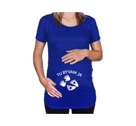 Modré tehotenské tričko s nápisom Tu bývam ja