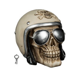 Pokladnička lebka s motorkárskou prilbou